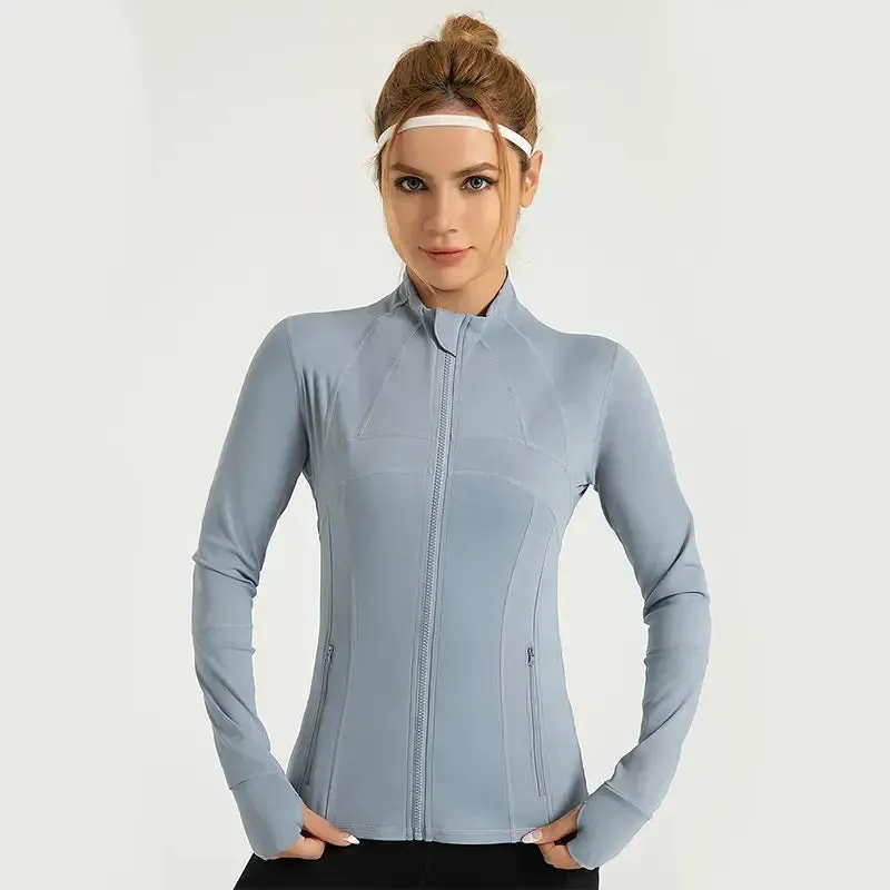 Women Sports Jacket Long Sleeve Coat Thumb Hole Zipper Tight Lightweight Breathable Running Sportswear Jacket