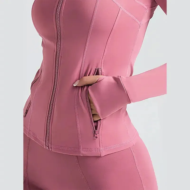 Women Sports Jacket Long Sleeve Coat Thumb Hole Zipper Tight Lightweight Breathable Running Sportswear Jacket