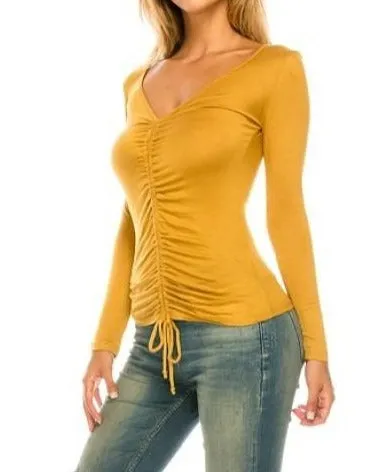Women V Neck Long Sleeve Ruched Rayon Top With Tie