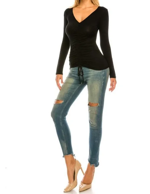 Women V Neck Long Sleeve Ruched Rayon Top With Tie