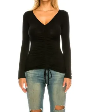 Women V Neck Long Sleeve Ruched Rayon Top With Tie
