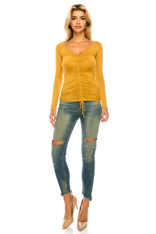 Women V Neck Long Sleeve Ruched Rayon Top With Tie