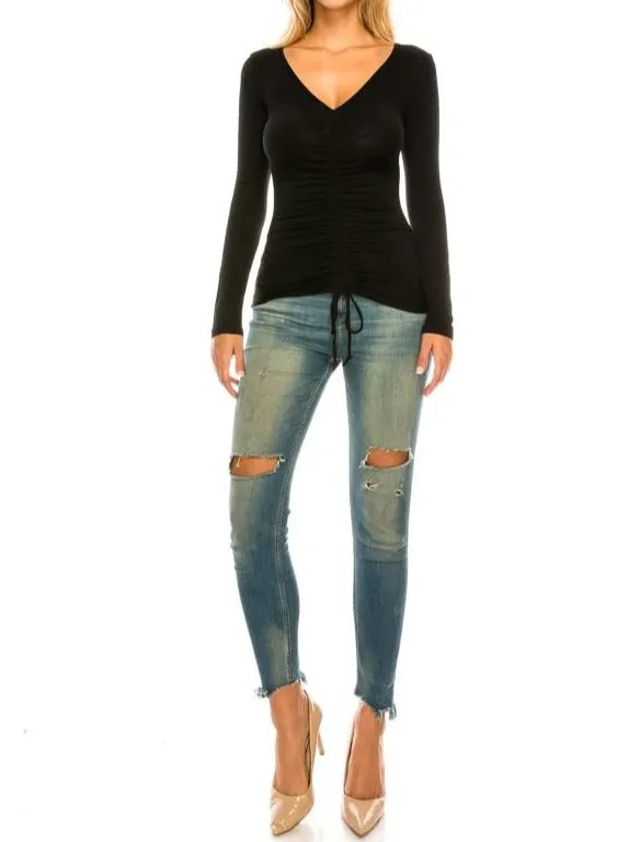 Women V Neck Long Sleeve Ruched Rayon Top With Tie