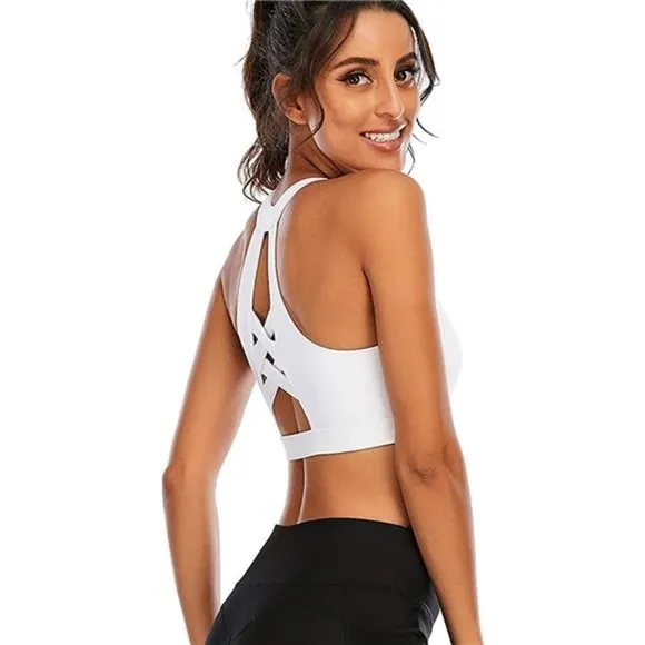 WOMENS Strappy Sports Bra Mesh Open Back Sports Bra for Workout Yoga Gym White-3