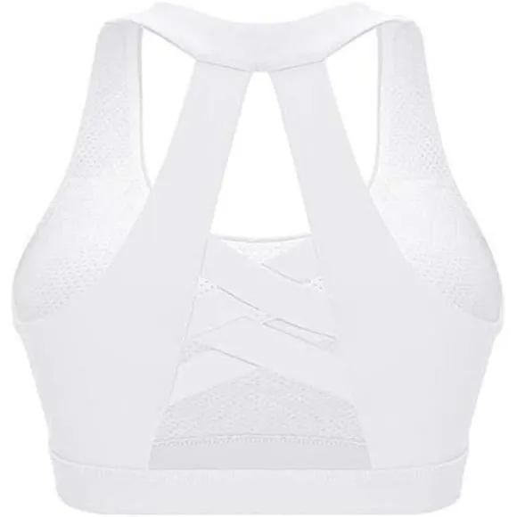 WOMENS Strappy Sports Bra Mesh Open Back Sports Bra for Workout Yoga Gym White-3