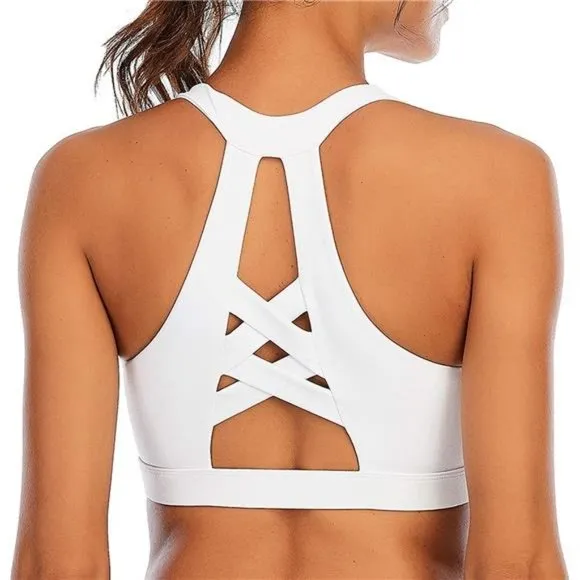 WOMENS Strappy Sports Bra Mesh Open Back Sports Bra for Workout Yoga Gym White-3