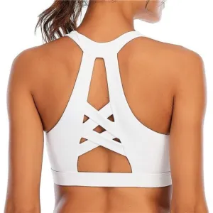 WOMENS Strappy Sports Bra Mesh Open Back Sports Bra for Workout Yoga Gym White-3