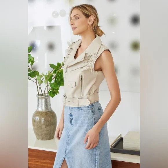 (X866-BGE) WOMEN FAUX LEATHER TASSELED VEST WITH BELT
