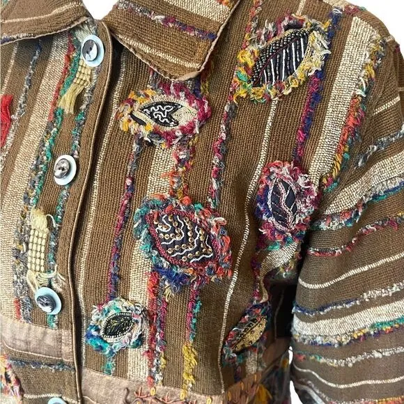 YakMagik Boho Mixed Media Embroidered Beaded Reversible Quilted Jacket Small