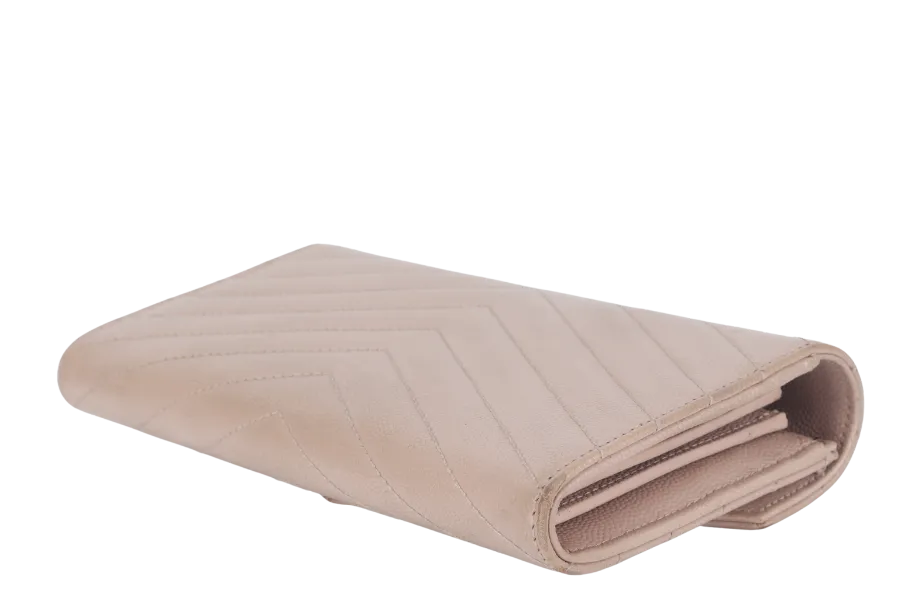 YVES SAINT LAURENT (YSL) LOGO CONTINENTAL WALLET BEIGE QUILTED LEATHER WITH DUST COVER AND BOX