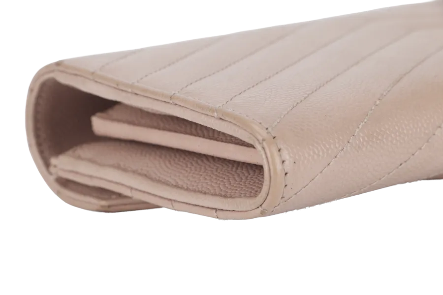 YVES SAINT LAURENT (YSL) LOGO CONTINENTAL WALLET BEIGE QUILTED LEATHER WITH DUST COVER AND BOX