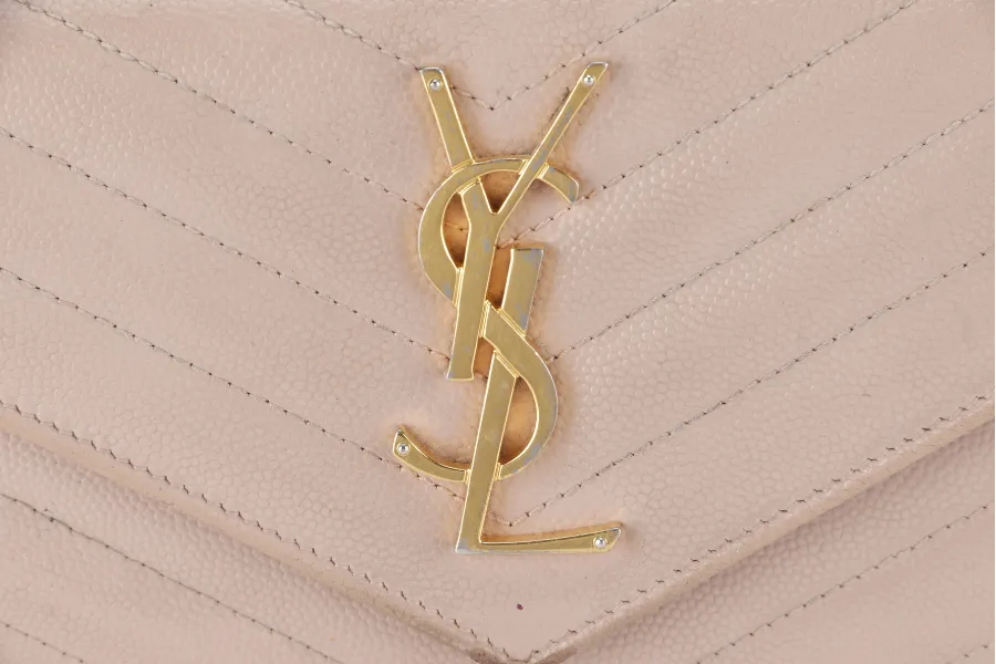 YVES SAINT LAURENT (YSL) LOGO CONTINENTAL WALLET BEIGE QUILTED LEATHER WITH DUST COVER AND BOX