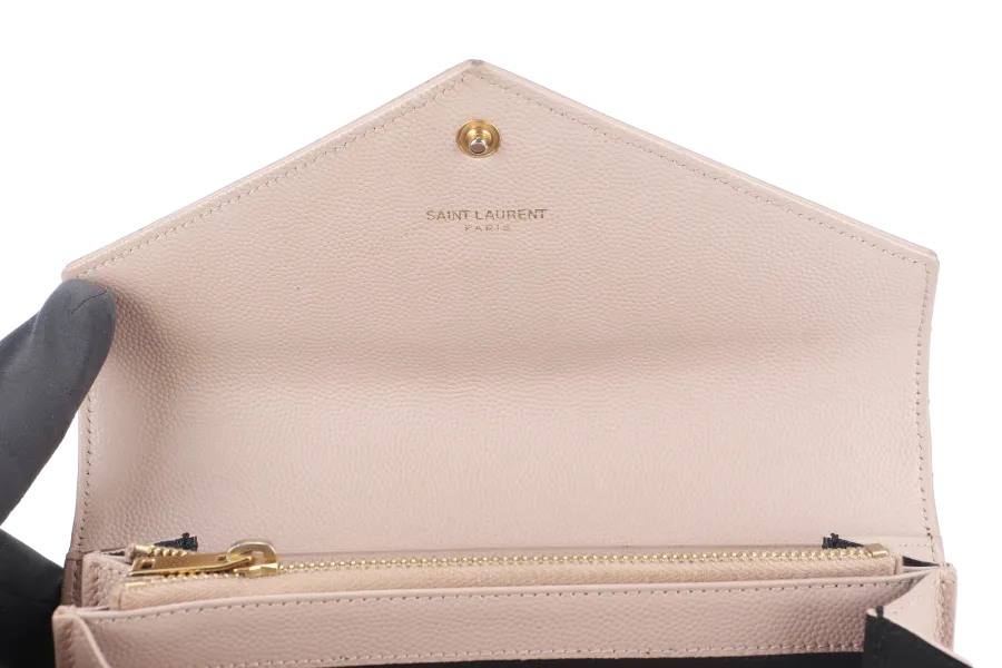 YVES SAINT LAURENT (YSL) LOGO CONTINENTAL WALLET BEIGE QUILTED LEATHER WITH DUST COVER AND BOX
