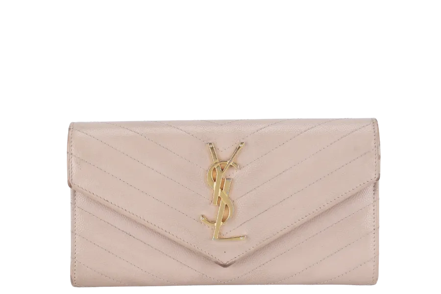 YVES SAINT LAURENT (YSL) LOGO CONTINENTAL WALLET BEIGE QUILTED LEATHER WITH DUST COVER AND BOX