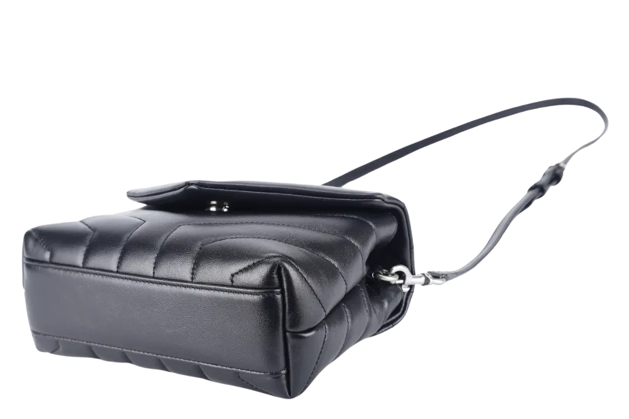 YVES SAINT LAURENT (YSL) LOULOU TOY BLACK LEATHER SHOULDER BAG SILVER HARDWARE WITH LEATHER STRAPS, DUST COVER AND BOX