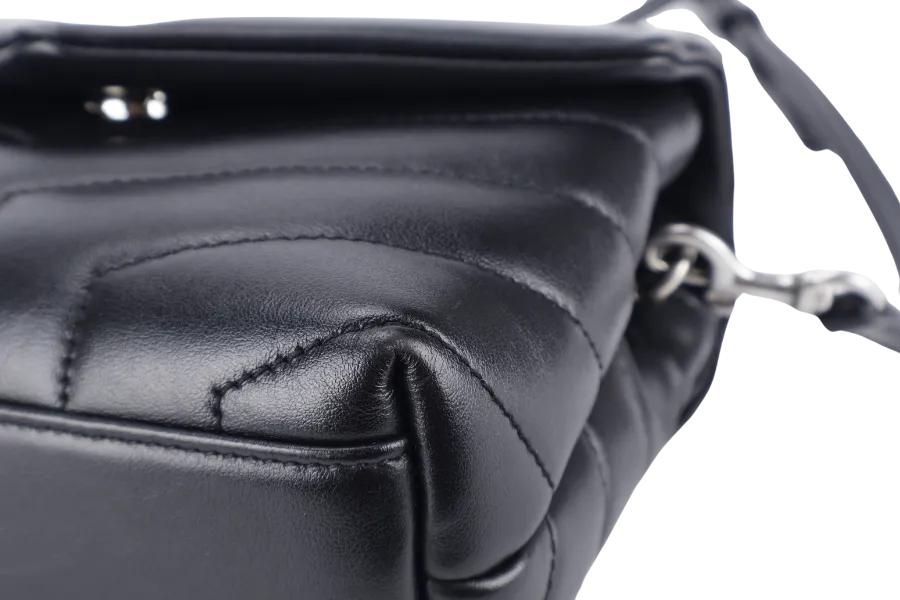 YVES SAINT LAURENT (YSL) LOULOU TOY BLACK LEATHER SHOULDER BAG SILVER HARDWARE WITH LEATHER STRAPS, DUST COVER AND BOX