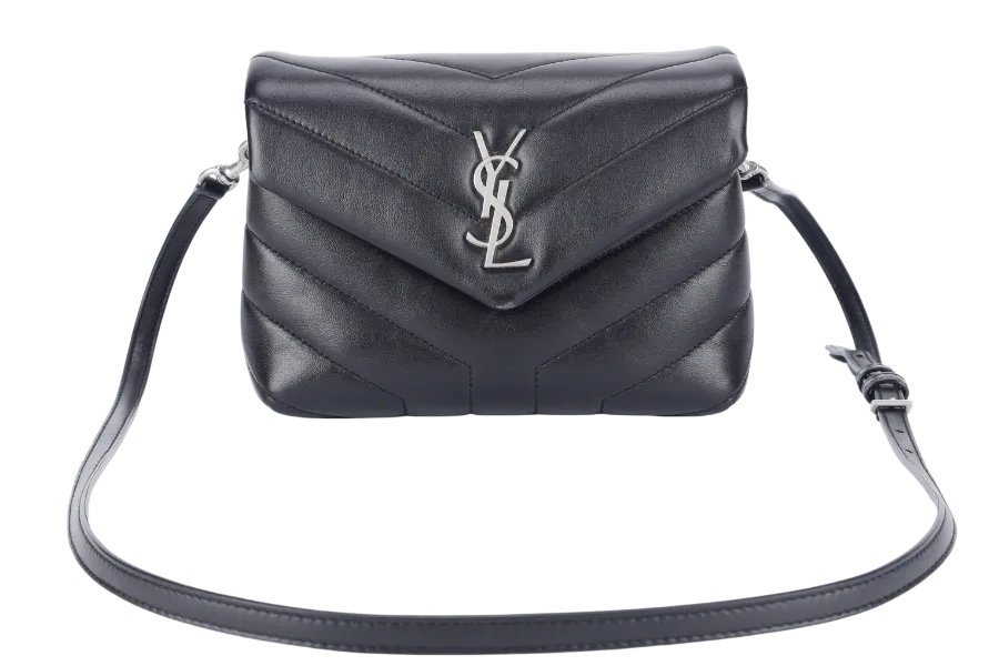 YVES SAINT LAURENT (YSL) LOULOU TOY BLACK LEATHER SHOULDER BAG SILVER HARDWARE WITH LEATHER STRAPS, DUST COVER AND BOX