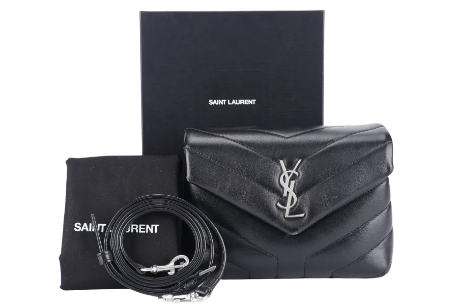 YVES SAINT LAURENT (YSL) LOULOU TOY BLACK LEATHER SHOULDER BAG SILVER HARDWARE WITH LEATHER STRAPS, DUST COVER AND BOX