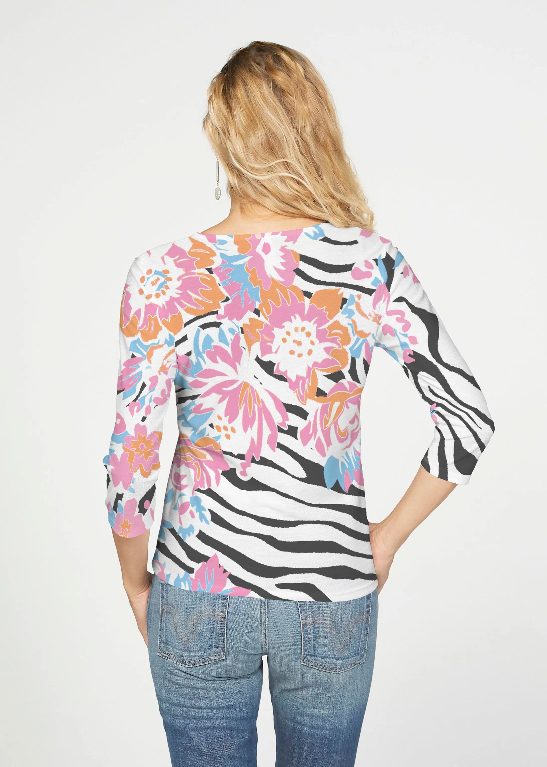 Zebra Posy Black (8118) ~ French Terry Tie 3/4 Sleeve Top